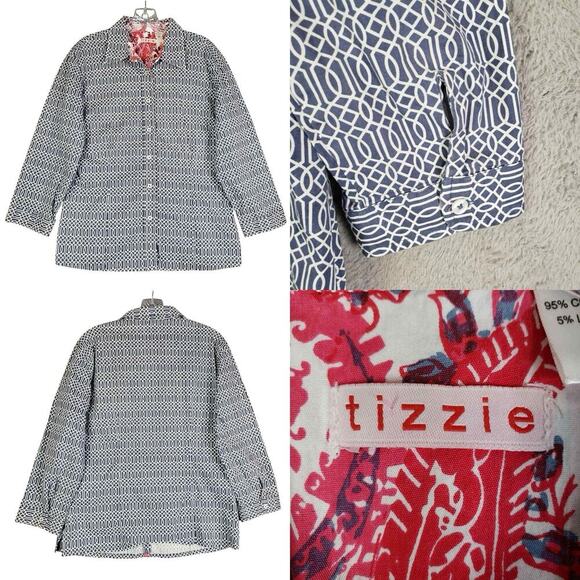 Tizzie Shirt Women's Size Large L Blue Geometric Long Sleeve Button Down - Picture 1 of 10